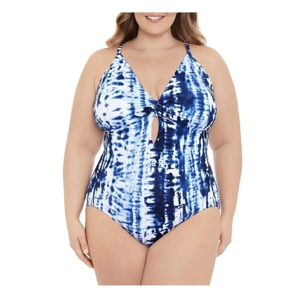 NWT Sz 22 Time Tru tie dye one piece swimsuit, blue, lined, w bust pads.